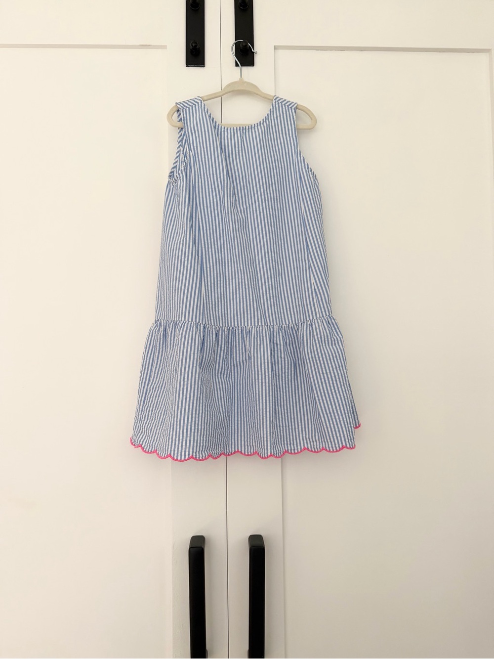 Crewcuts Seersucker Sleeveless Dress with Pink Scallop Hem